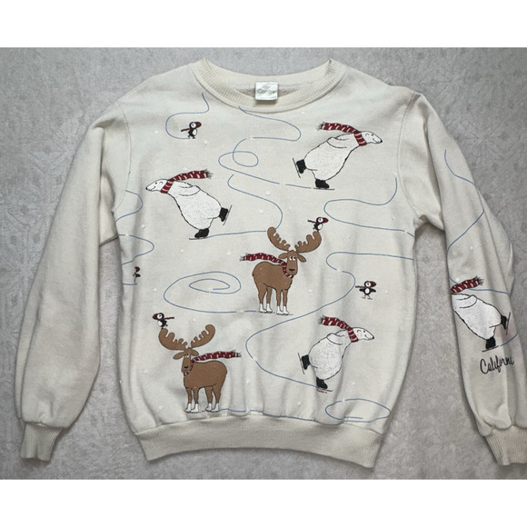 Vintage 70’s Alaska Moose Sweatshirt Size Medium Women Ice Skating Cartoon - Picture 1 of 13